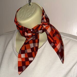 Vintage mid century funky orange, maroon, white & gray short polyester scarf